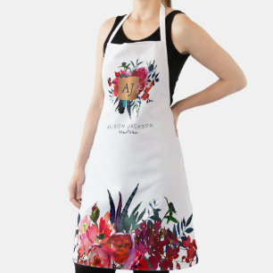 Rode waterverf floreel goud, monogrammen schort