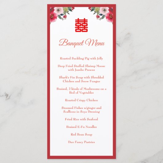 Rode waterverf florerende Chinese trouwbanket Menu (Voorkant)