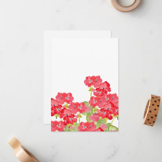 Rode Waterverf Geraniums Notitiekaartje (Voorkant / Achterkant in situ)
