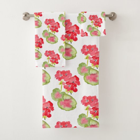 Rode Waterverf Geraniums Patroon Bad Handdoek (Insitu)