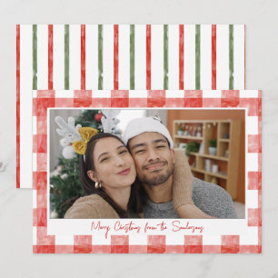 Rode Waterverf Gingham Prettig Kerst Foto Feestdagenkaart