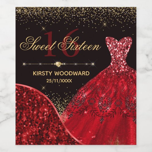 Rode Waterverf Glitter Dress Sweet 16 verjaardag Wijn Etiket (Enkel label)