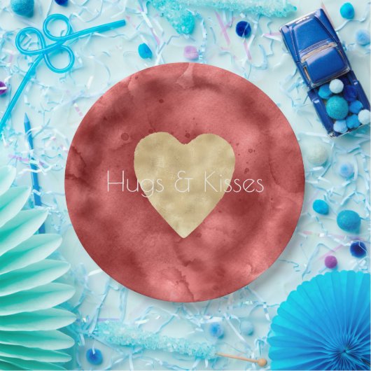 Rode Waterverf Gouden Hart Papieren Bordje (Feest)