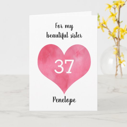Rode Waterverf Hart 37e Verjaardag Kaart (Gele Bloem)