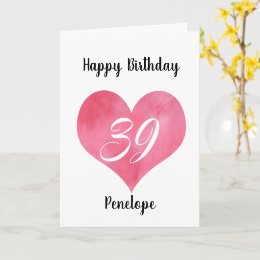 Rode Waterverf Hart 39e Verjaardag Kaart (Gele Bloem)