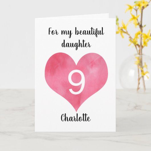 Rode Waterverf Hart 9e Verjaardag Kaart (Gele Bloem)