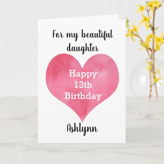 Rode Waterverf Hart Gelukkige 13de Verjaardag Kaar Kaart (Gele Bloem)