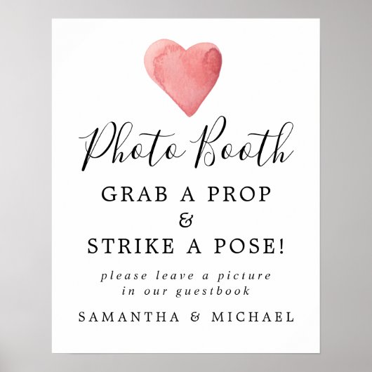 Rode Waterverf Hart Weddenschap Foto Booth Sign Poster (Voorkant)