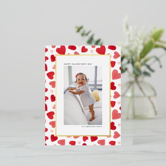 Rode Waterverf Harten Foto Gelukkige Valentijnsdag Folie Feestdagen Briefkaart (Staand Voorkant)