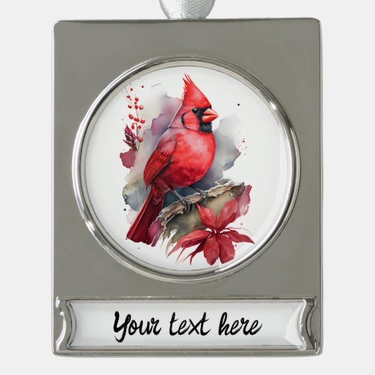 Rode Waterverf kardinaal Verzilverd Banner Ornament (Voorkant)