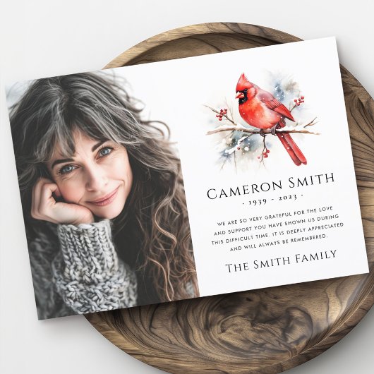 Rode waterverf kardinale begrafenis sympathie foto bedankkaart
