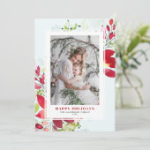 Rode Waterverf kerstbloemen foto Feestdagenkaart (Staand voorkant)