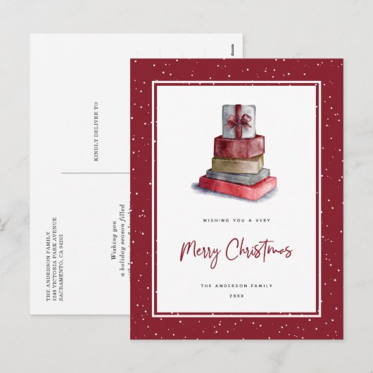 Rode Waterverf kerstcadeaus sneeuw Feestdagenkaart (Voorkant / Achterkant)