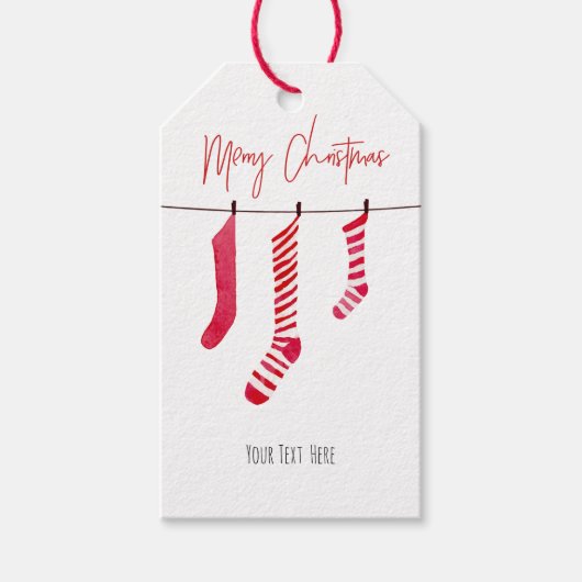 Rode Waterverf Kerstkousen Plaid Gift Label Cadeaulabel (Voorkant)