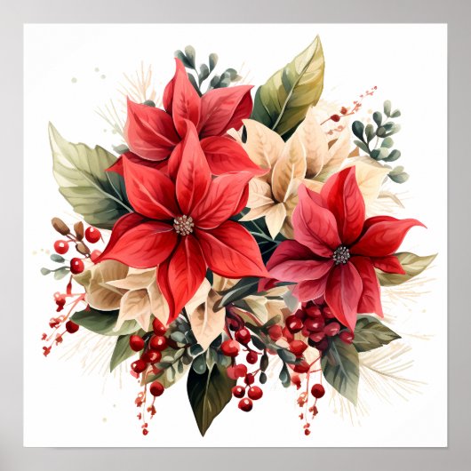 Rode Waterverf Kerstmis Poinsettia Flowers Poster (Voorkant)