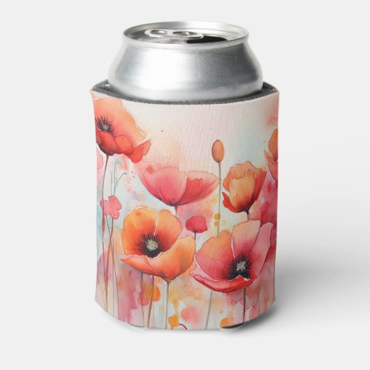 Rode Waterverf klaprozen in een veld Blikjeskoeler (Blikje Achterkant)