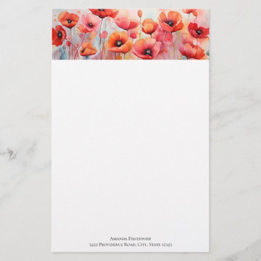 Rode Waterverf klaprozen in een veld Briefpapier (Voorkant)