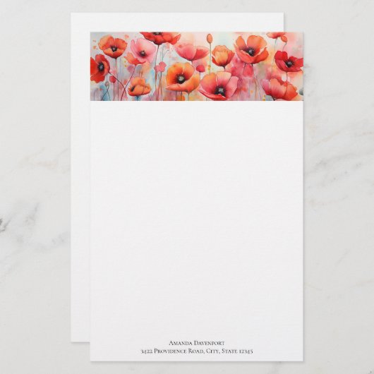 Rode Waterverf klaprozen in een veld Briefpapier (Voorkant / Achterkant)