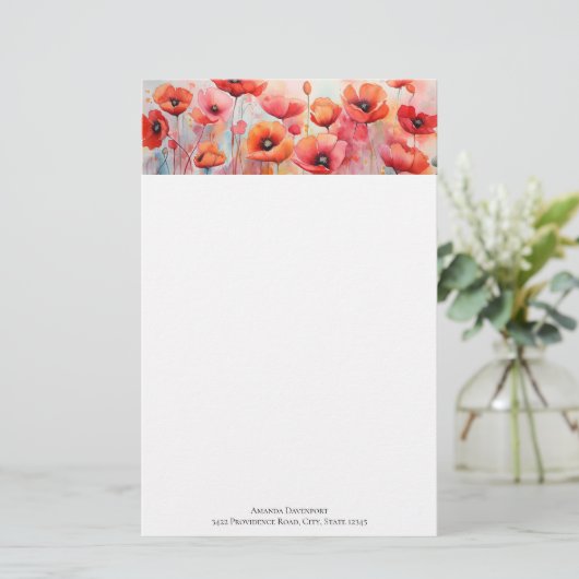 Rode Waterverf klaprozen in een veld Briefpapier (Staand voorkant)
