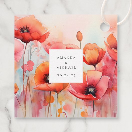 Rode Waterverf klaprozen in een veld bruiloft Bedankjes Labels (Achterkant)