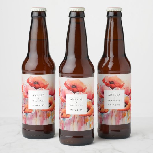 Rode Waterverf klaprozen in een veld - bruiloft Bier Etiket (Flessen)