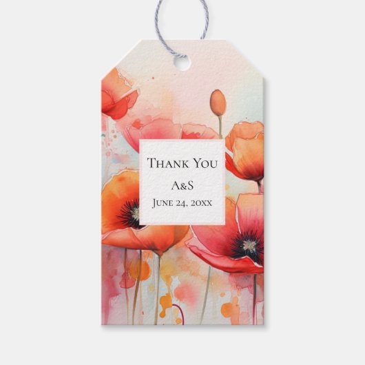 Rode Waterverf klaprozen in een veld bruiloft Cadeaulabel (Voorkant)