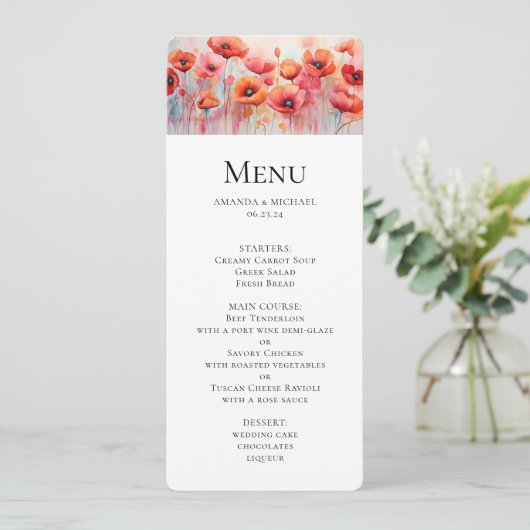 Rode Waterverf klaprozen in een veld bruiloft Kaart (Staand voorkant)