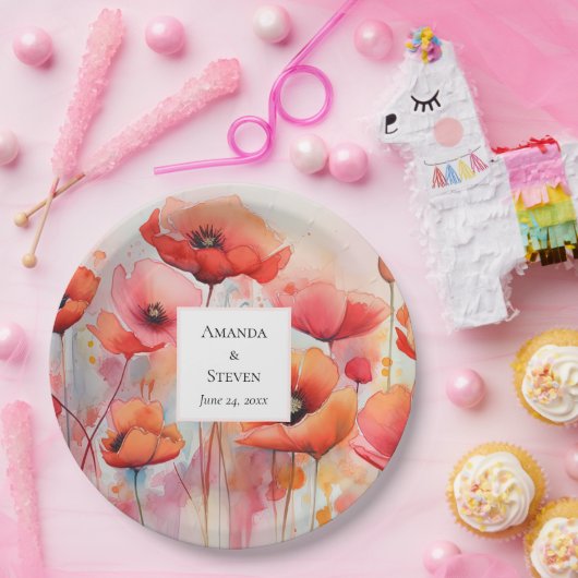 Rode Waterverf klaprozen in een veld bruiloft Papieren Bordje (Feest)