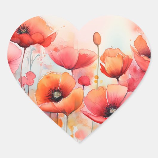 Rode Waterverf klaprozen in een veld Hart Sticker (Voorkant)