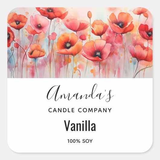 Rode Waterverf klaprozen in een veld kaars bedrijf Vierkante Sticker (Voorkant)