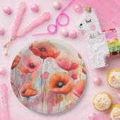 Rode Waterverf klaprozen in een veld Papieren Bordje (Feest)