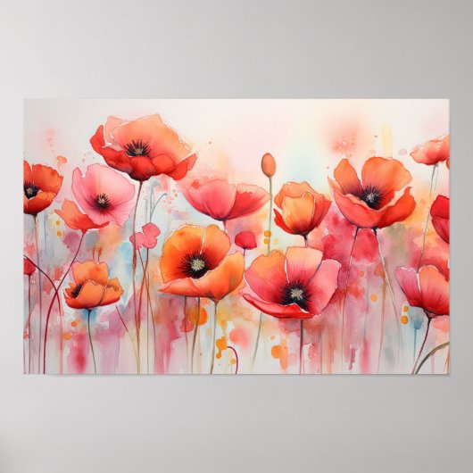 Rode Waterverf klaprozen in een veld Poster (Voorkant)
