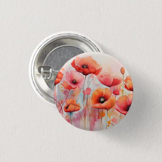 Rode Waterverf klaprozen in een veld Ronde Button 3,2 Cm (Voorkant /achterkant)