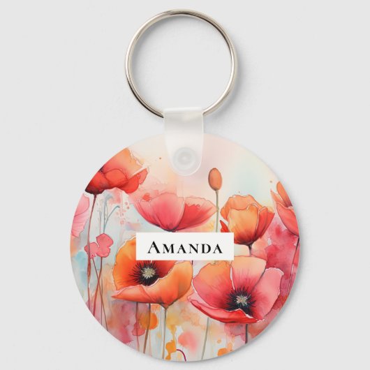 Rode Waterverf klaprozen in een veld Sleutelhanger (Voorkant)