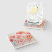 Rode Waterverf klaprozen in een veld Stenen Onderzetter (Zijkant)