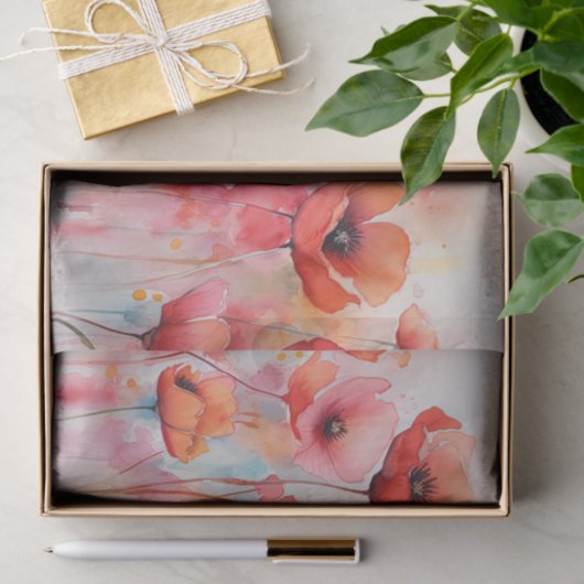 Rode Waterverf klaprozen in een veld Tissuepapier (Geschenk)