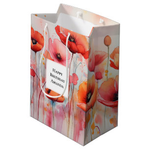 Rode Waterverf klaprozen in een veld Verjaardag Medium Cadeauzakje