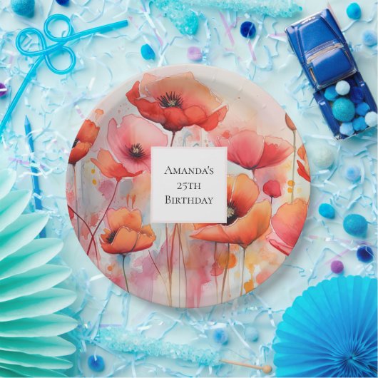 Rode Waterverf klaprozen in een veld Verjaardag Papieren Bordje (Feest)