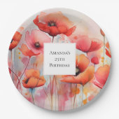 Rode Waterverf klaprozen in een veld Verjaardag Papieren Bordje (Voorkant)