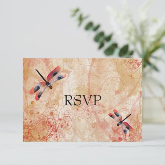 Rode Waterverf Libellen Bruiloftsreceptie RSVP (Staand voorkant)