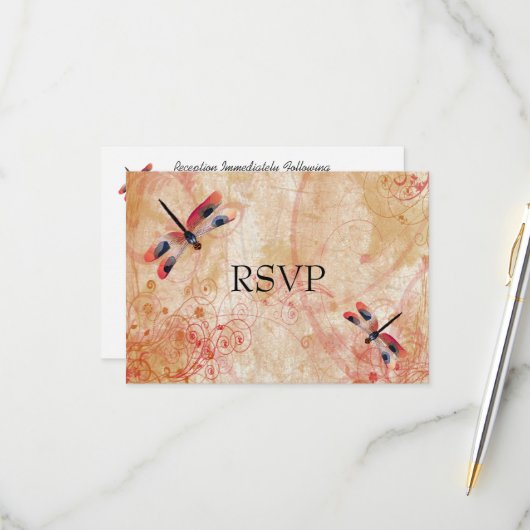 Rode Waterverf Libellen Trouwreceptie RSVP (Voorkant / Achterkant in situ)