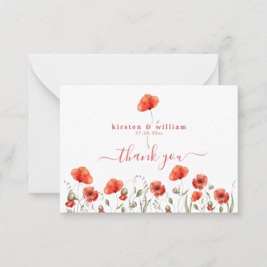Rode Waterverf papavers, bruiloft bedankt Notitiekaartje (Voorkant)