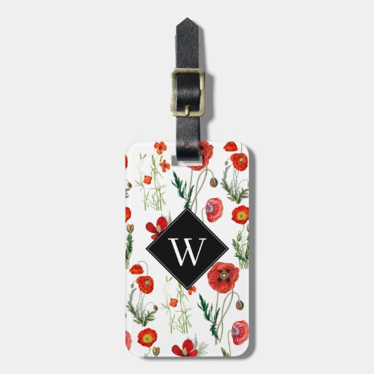 Rode Waterverf Papavers Florals Monogram Bagagelabel (Voorkant verticaal)