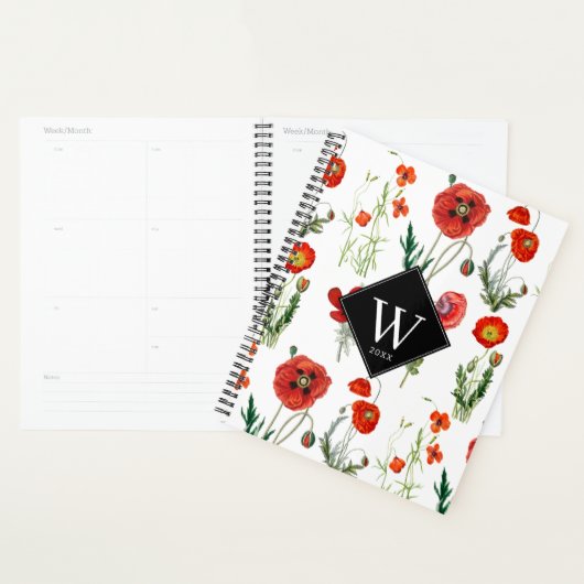 Rode Waterverf Papavers Florals Monogram Planner (Display)
