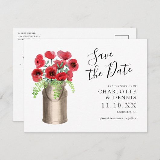 Rode waterverf papavers melkkluis opslaan de datum briefkaart (Voorkant / Achterkant)