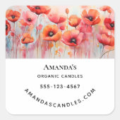 Rode Waterverf Papavers op een Zakelijk Veld Vierkante Sticker (Voorkant)