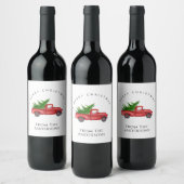 Rode Waterverf pick-up truck met kerstboom Wijn Etiket (Flessen)