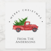 Rode Waterverf pick-up truck met kerstboom Wijn Etiket (Enkel label)