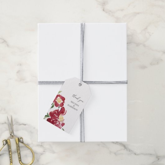 Rode Waterverf pioen bruiloft dank u Cadeaulabel (Met Touw)