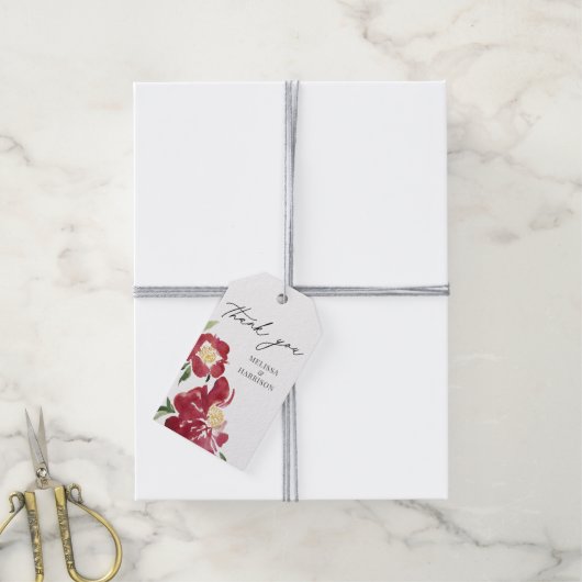 Rode Waterverf pioen bruiloft dank u Cadeaulabel (Met Touw)